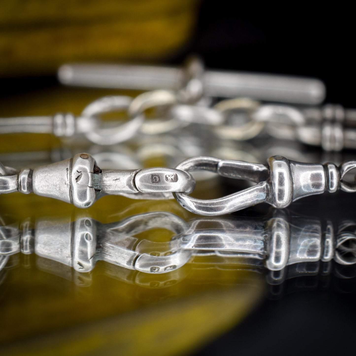 Antique Sterling Silver Trombone Watch Chain with Double Dog Clip and T Bar | 16"