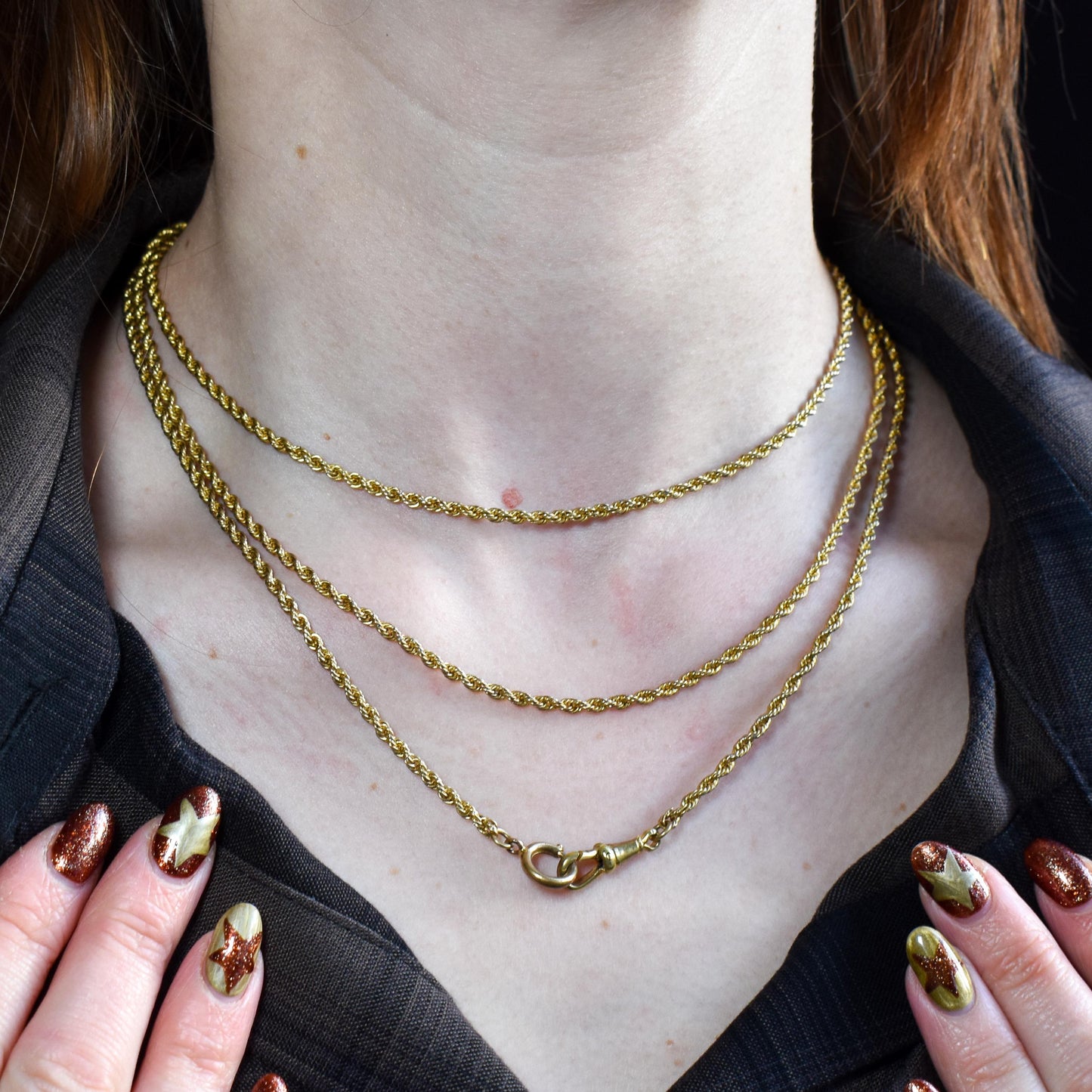 Antique Rope Twist Chain Guard Muff Necklace 51" with Dog Clip and Bolt Ring