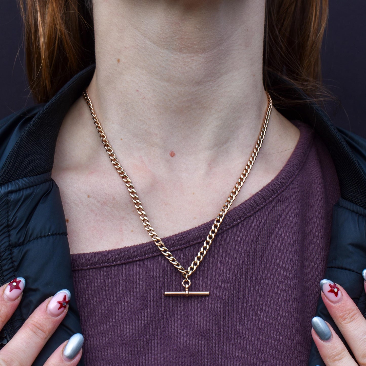 Vintage 18.75" 9ct Rose Gold Curb Link Double Albert Watch Chain Necklace