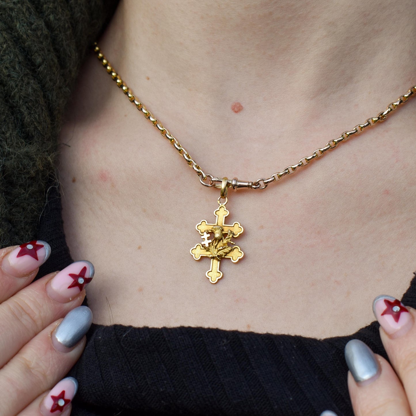 Antique French 18ct Gold 'Cross of Lorraine' Pendant