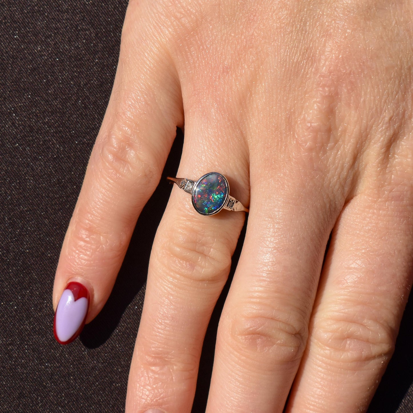 Art Deco Black Opal and Diamond Oval 18ct Gold and Platinum Ring