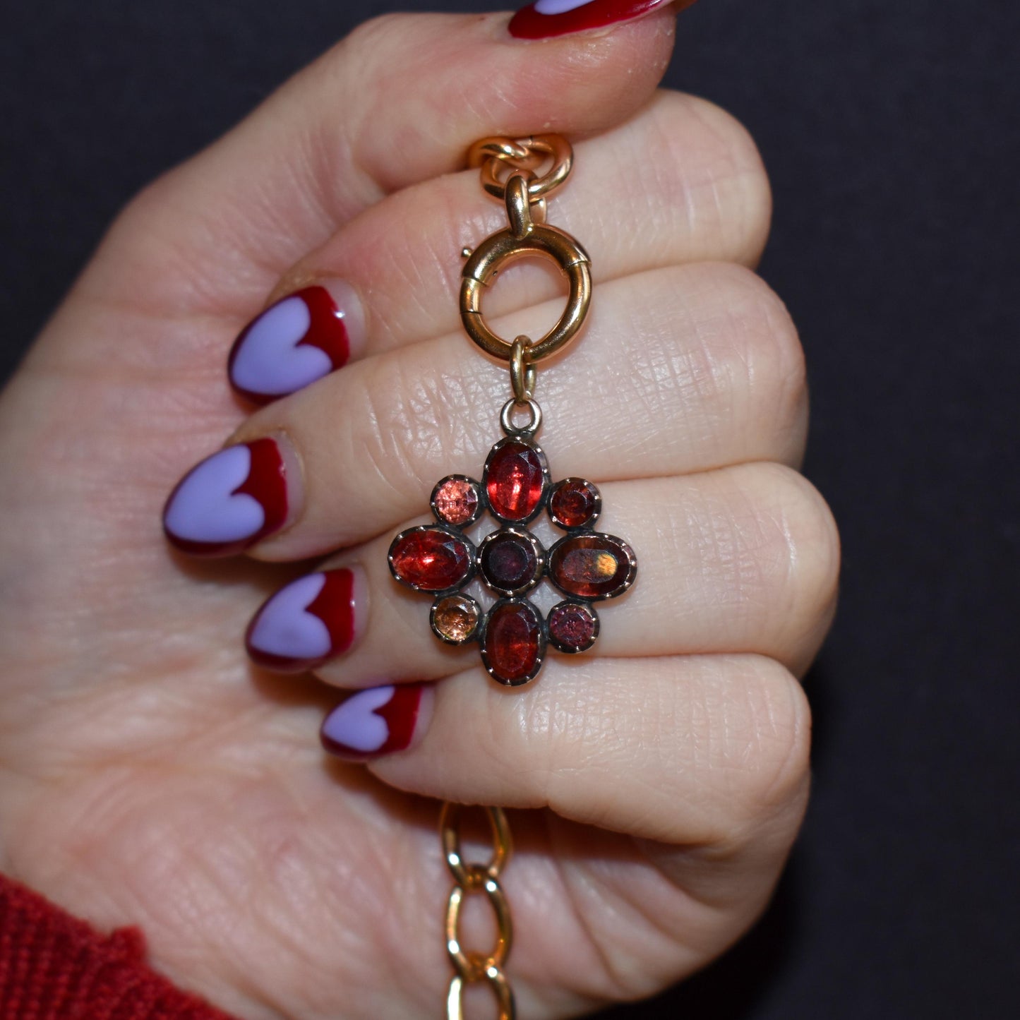 Antique Georgian Flat Cut Garnet Flower Gold Pendant