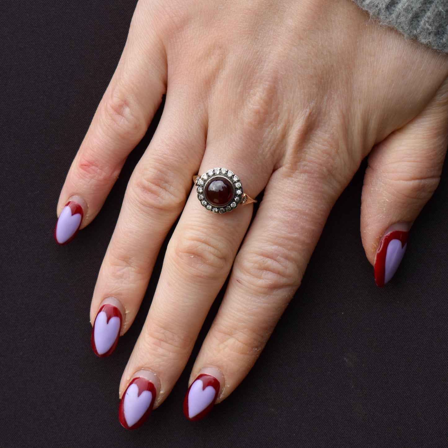 Cabochon Garnet and Diamond Halo 14ct Yellow Gold Ring