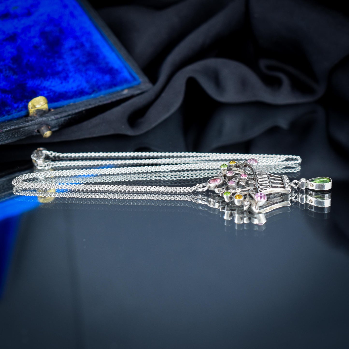 Antique Giardinetti Flower Basket Paste Silver Pendant Necklace | 18"