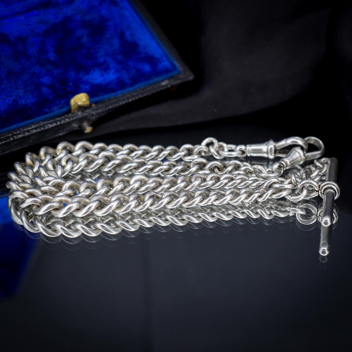 Antique 15.5" Sterling Silver Curb Link Albert Watch Chain Necklace with T-Bar and Dog Clips