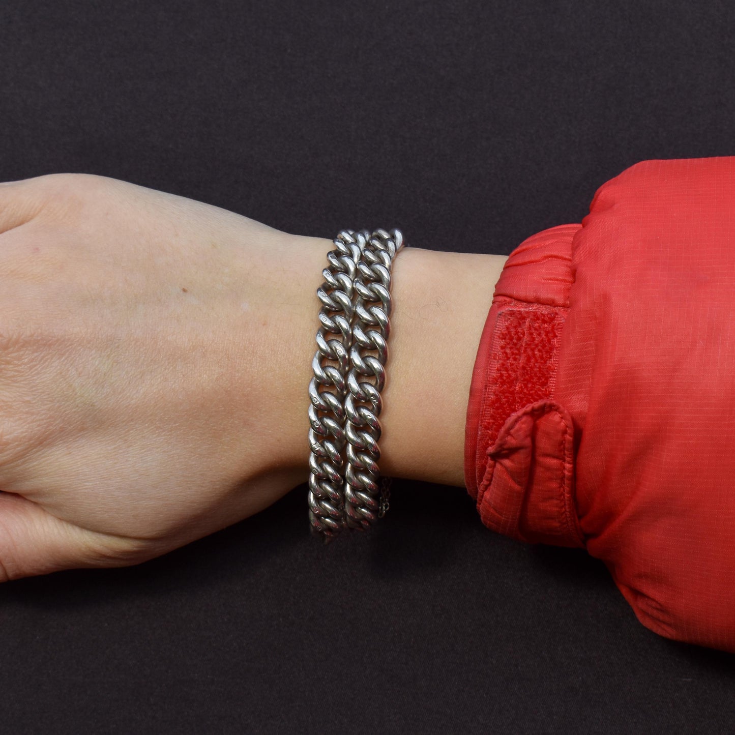 Antique Double Curb Link Sterling Silver Heart Padlock Bracelet | 7"