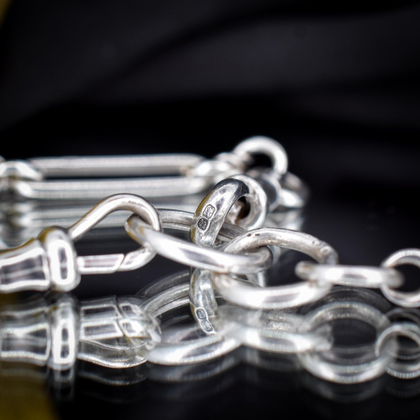 Antique Sterling Silver Trombone Watch Chain with Double Dog Clip and T Bar | 14"