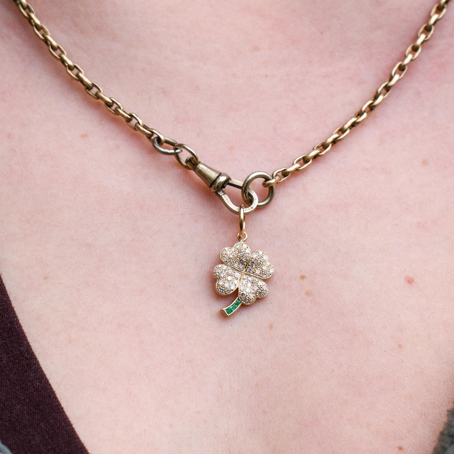 Diamond and Emerald Four-Leaf Clover 18ct Gold Charm Pendant