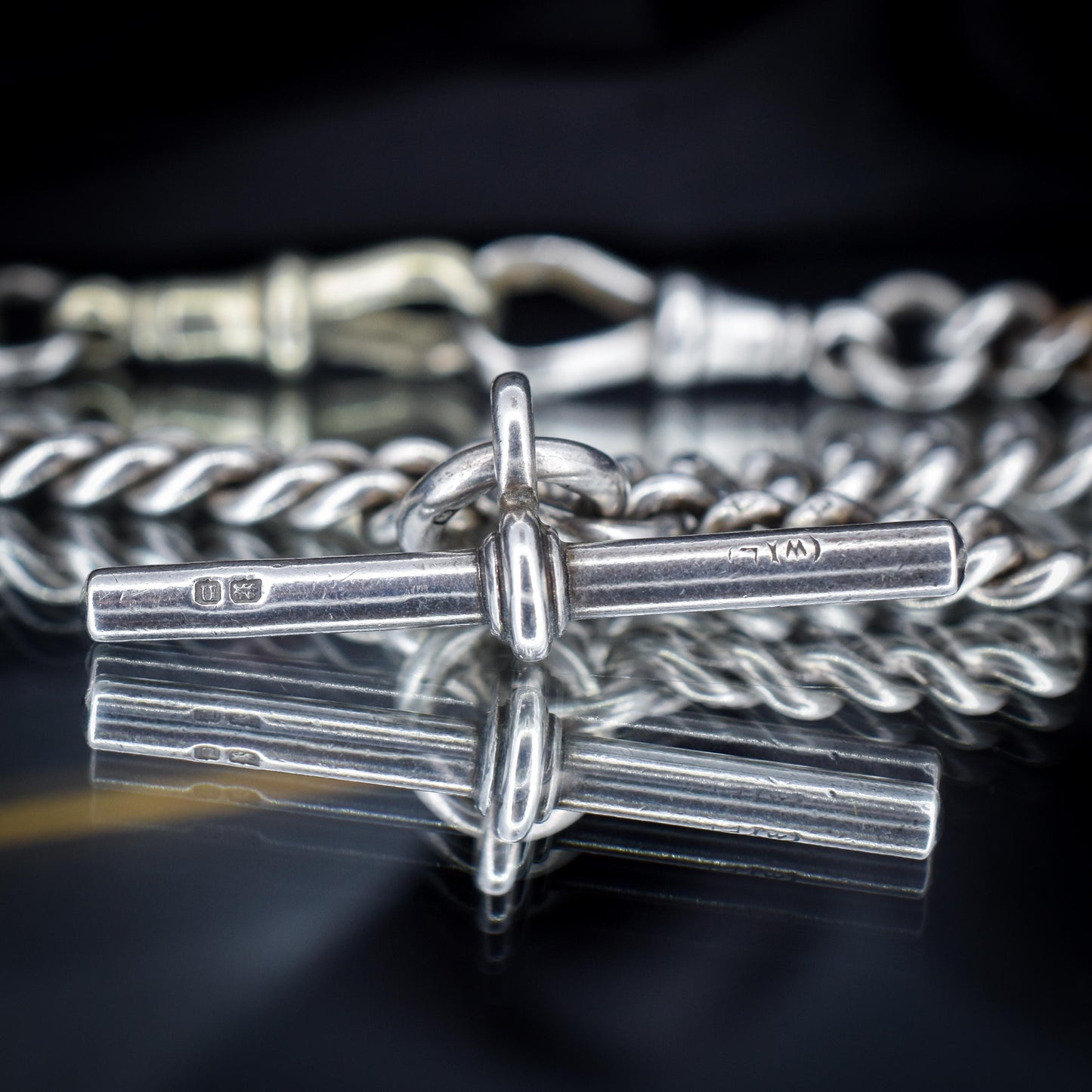 Antique 24.5" Sterling Silver Curb Link Chain Necklace with Double Dog Clip