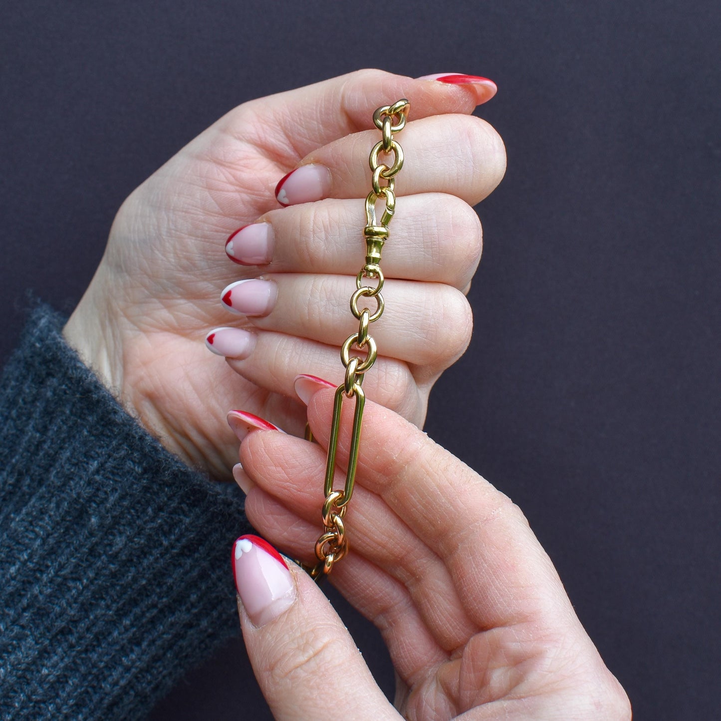 Antique Rolled Gold Trombone Link Bracelet with Dog Clip / Extender | 9"