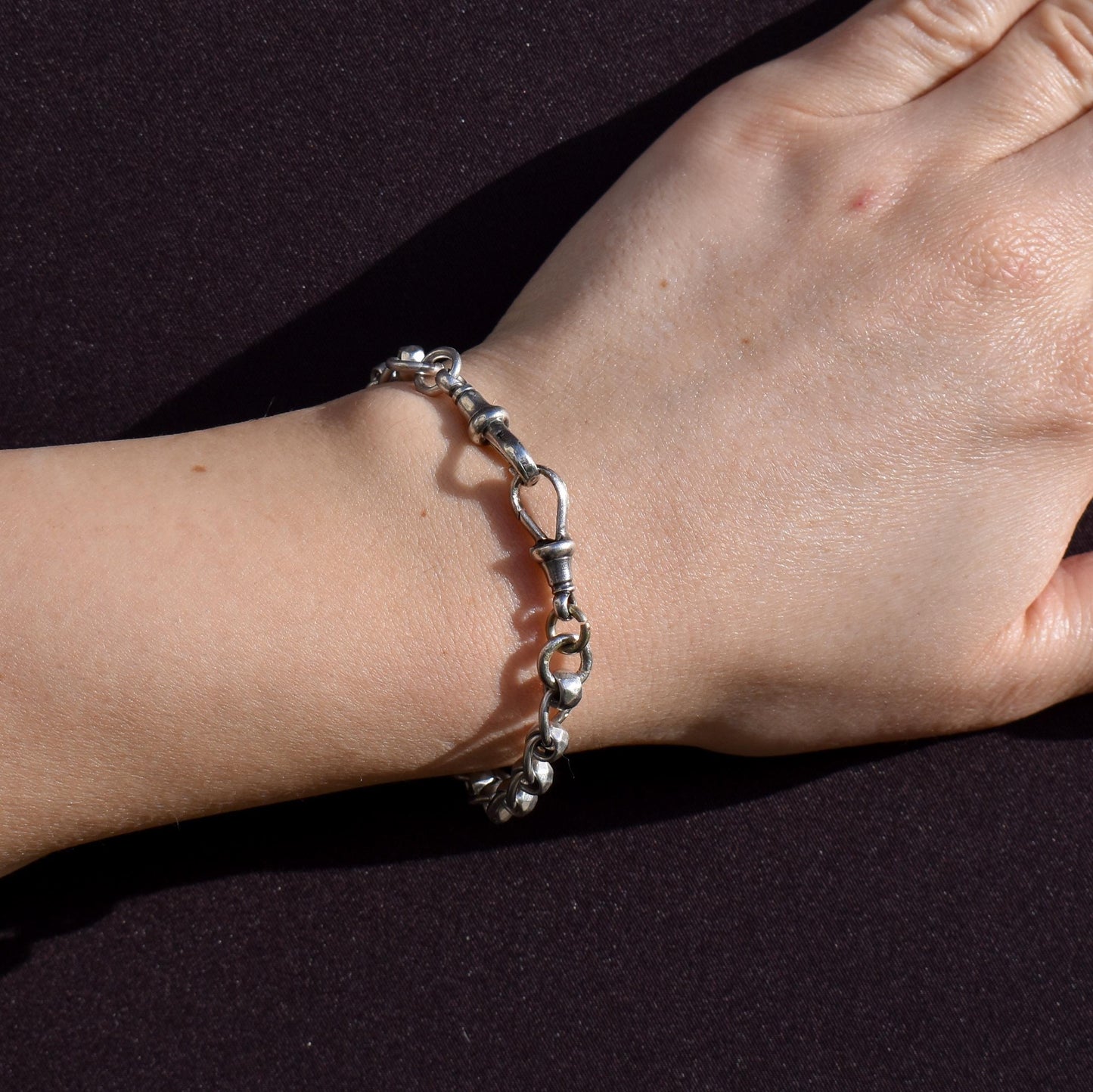 Antique Sterling Silver Rollerball Bracelet with Double Dog Clip - 6.7"