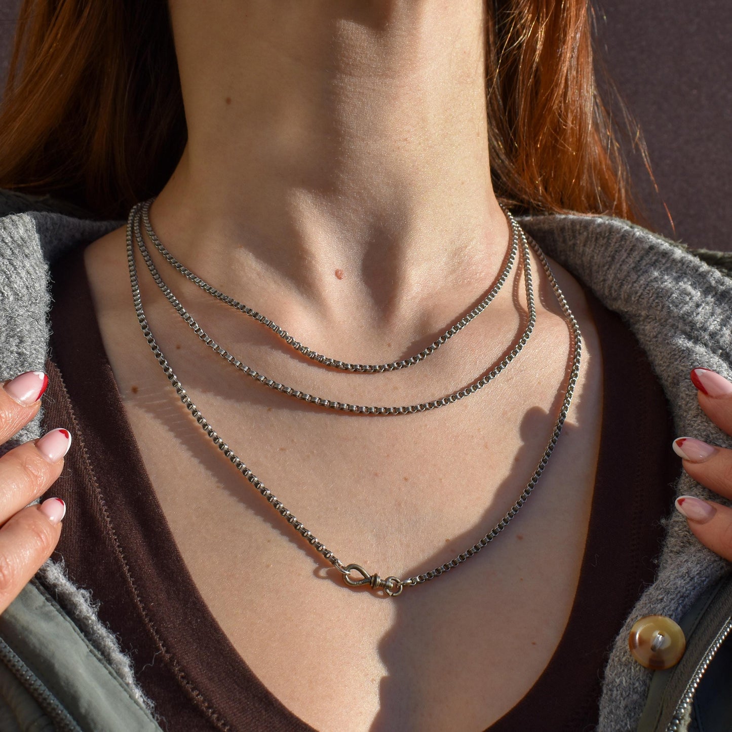 Antique French Silver Fancy Long Guard Sautoir Chain Necklace with Screw Dog Clip | 56"