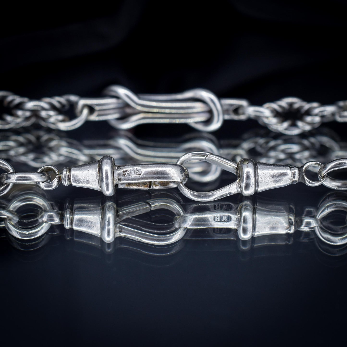 Antique '1901' Silver Love Knot Watch Chain with Double Dog Clip and T Bar | 15"