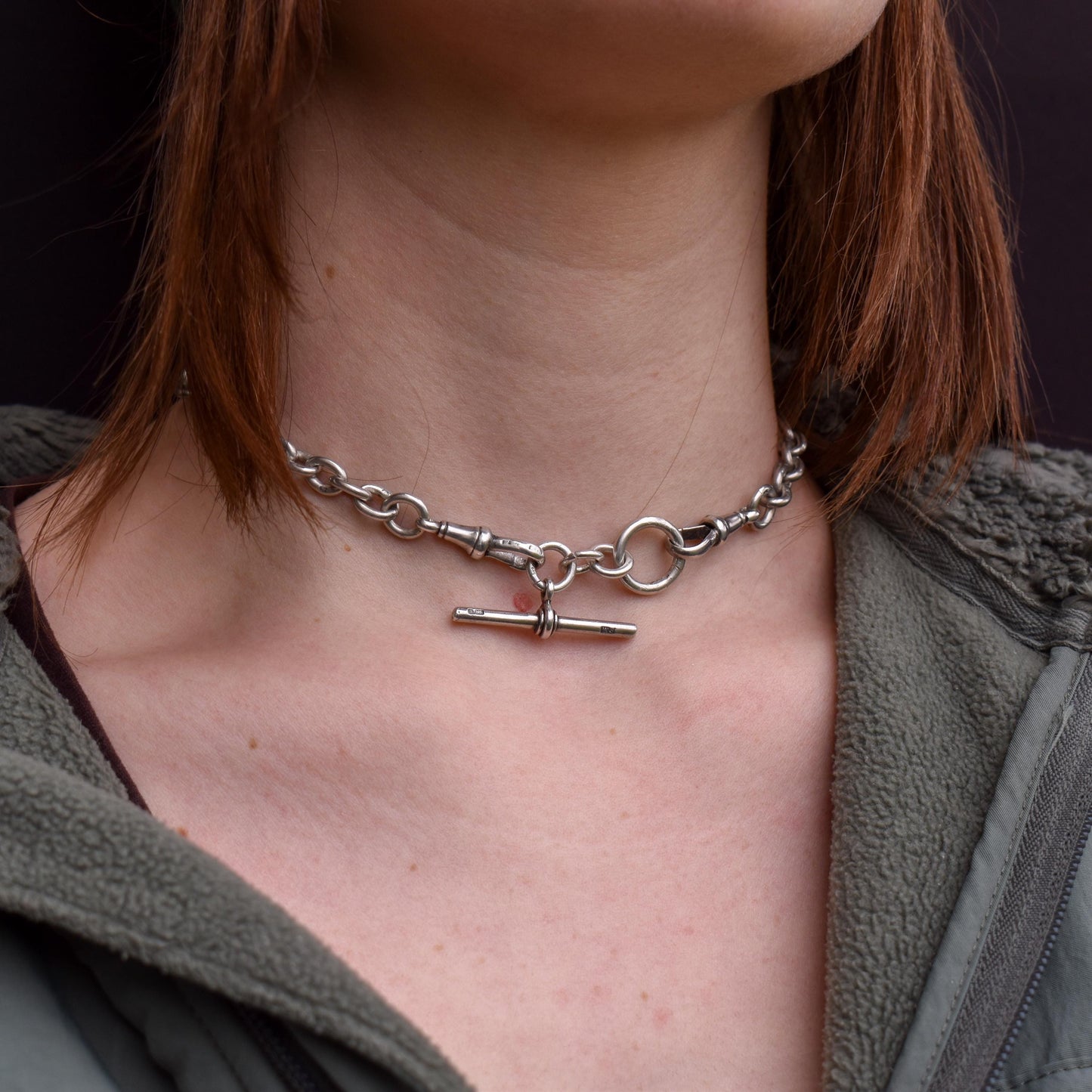 Antique Sterling Silver Trombone Watch Chain with Dog Clips and T Bar | 14"