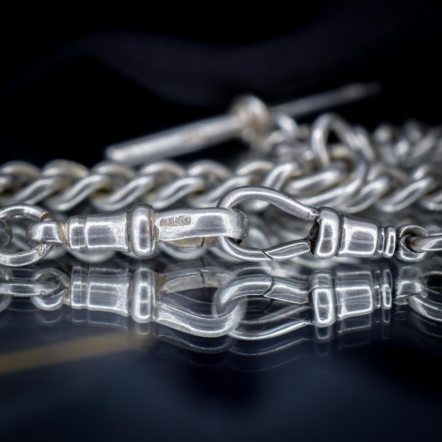 Antique Sterling Silver Curb Link Albert Watch Chain Necklace T-Bar Dog Clips | 16.25"