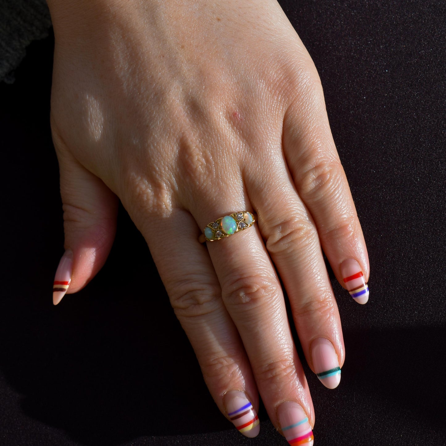 Antique Natural Opal and Diamond 18ct Yellow Gold Three Stone Ring