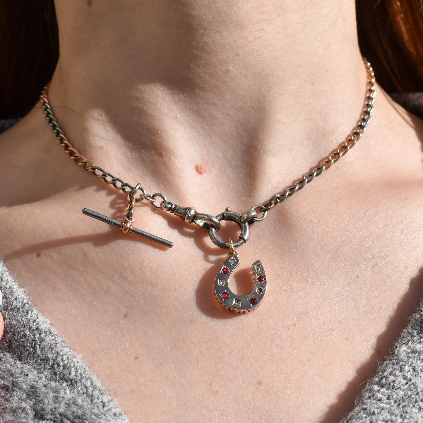 Antique Victorian Garnet and Diamond 9ct Gold Horseshoe Charm