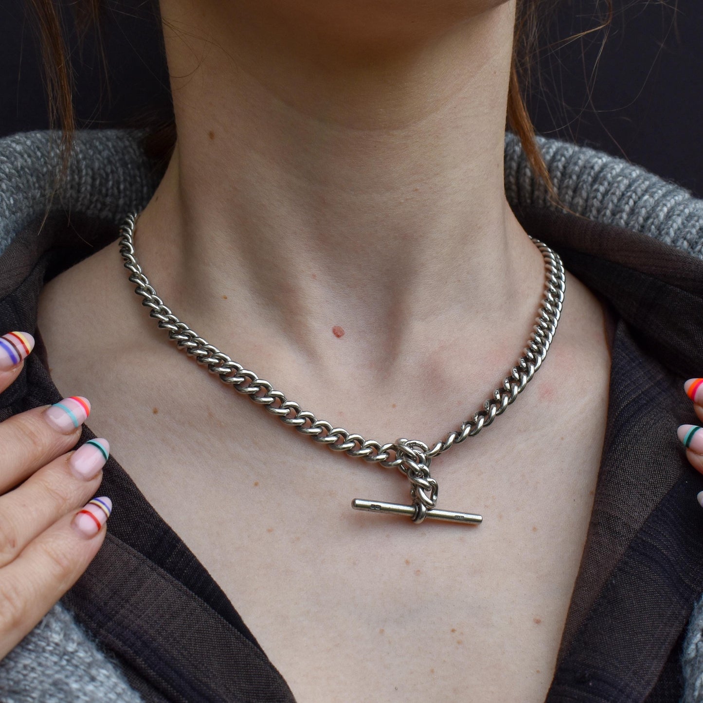 Antique Sterling Silver Curb Link Albert Watch Chain Necklace with T-Bar and Dog Clips – 17.5"