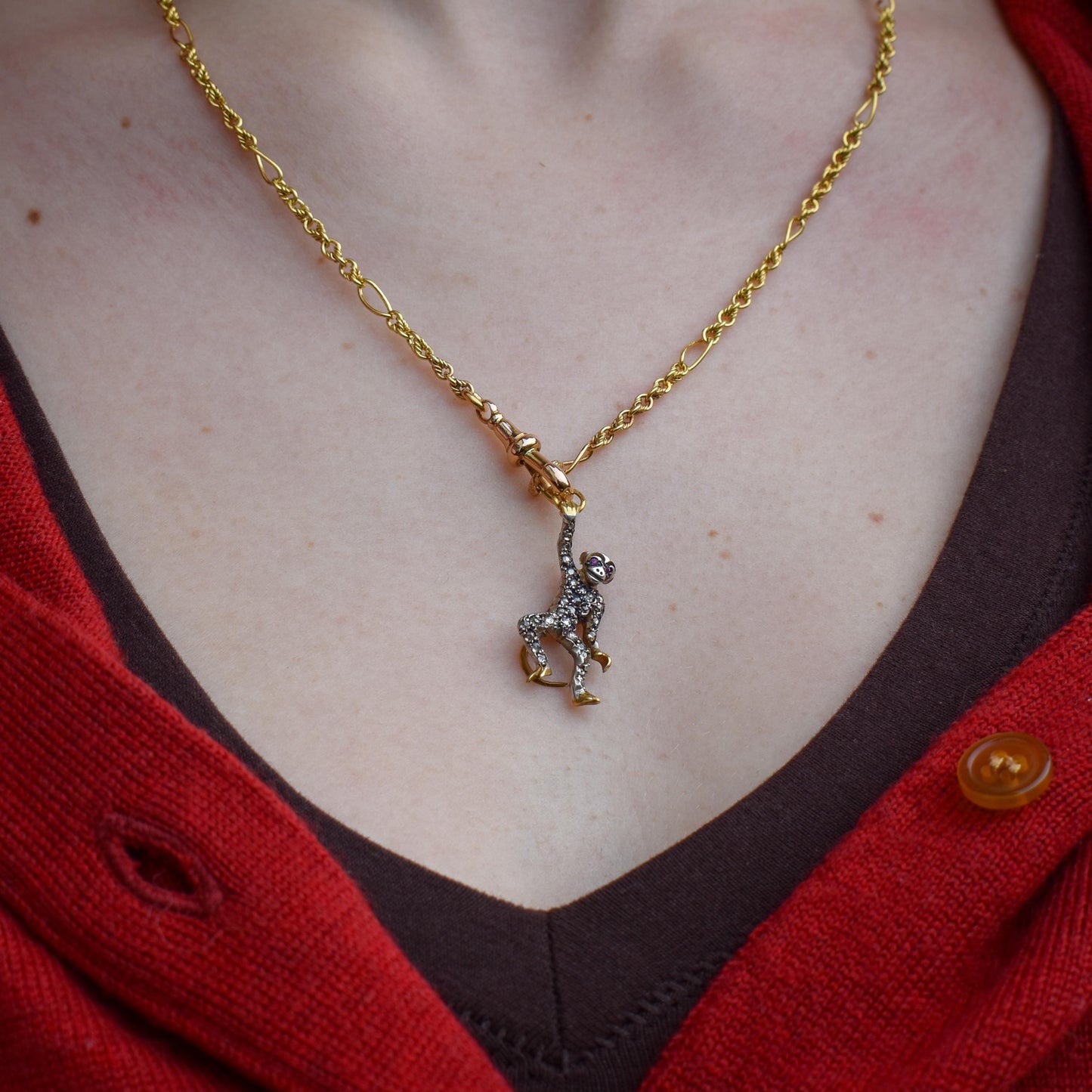 Diamond Monkey Charm Pendant Ruby Eyes | 0.80ct Diamond