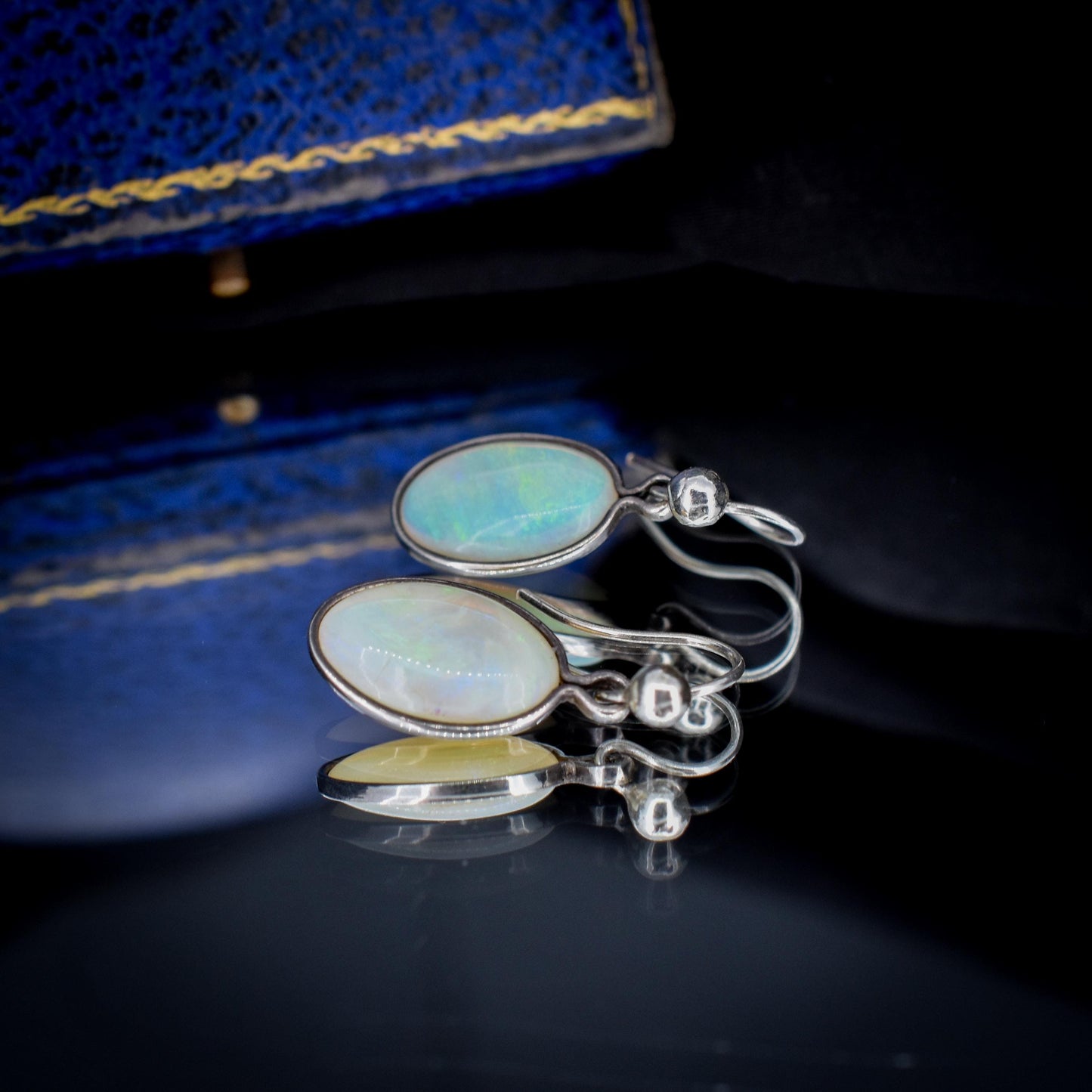 Vintage Natural Opal Oval Bezel Silver Drop Earrings