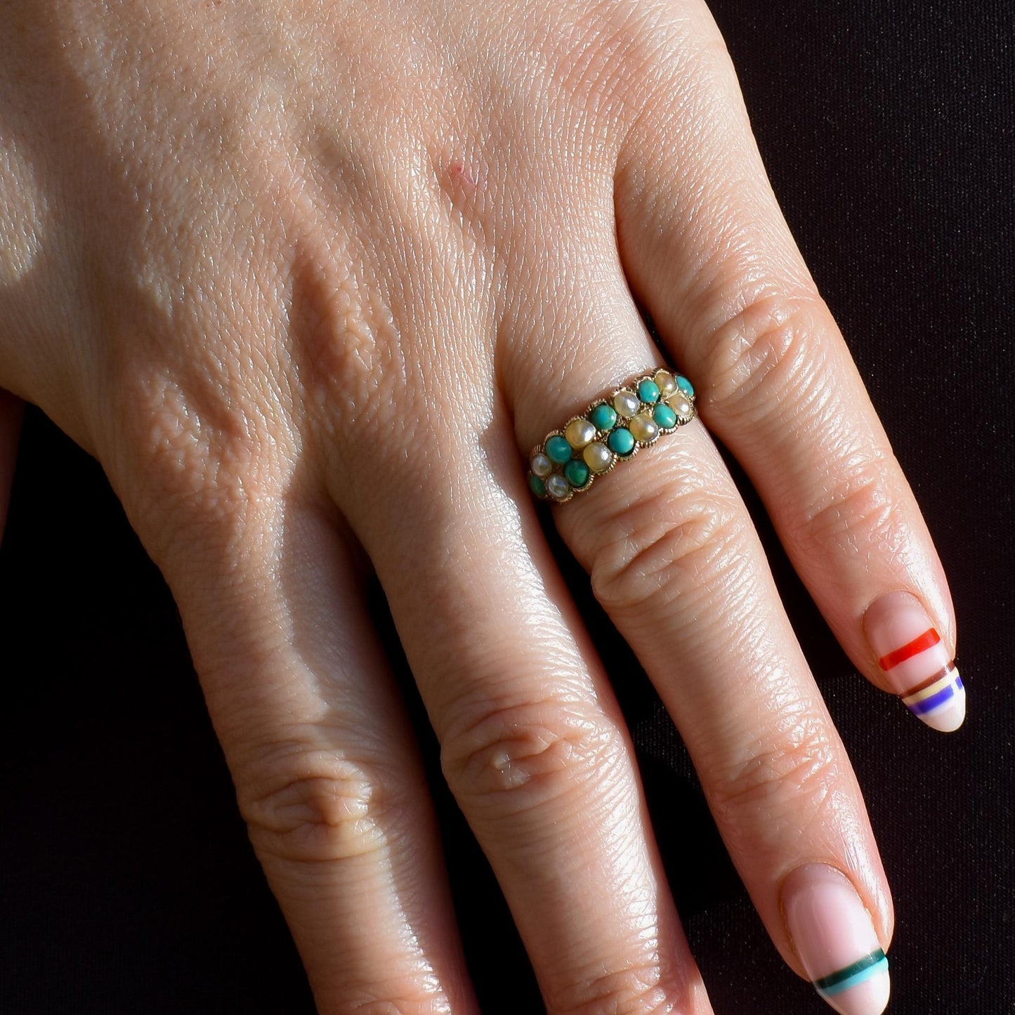 Antique Victorian Turquoise and Pearl 12ct Gold Double Row Ring