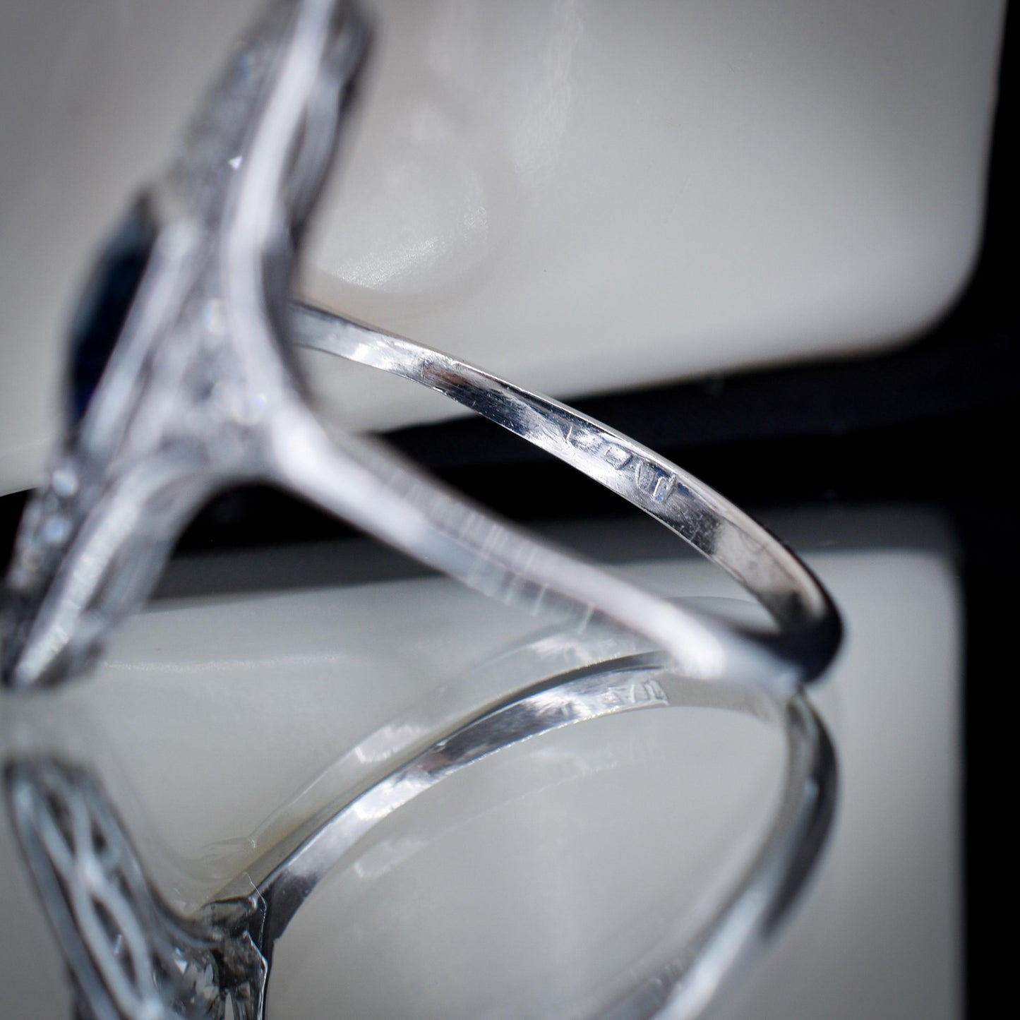Art Deco Blue Sapphire and Diamond Navette Platinum Ring