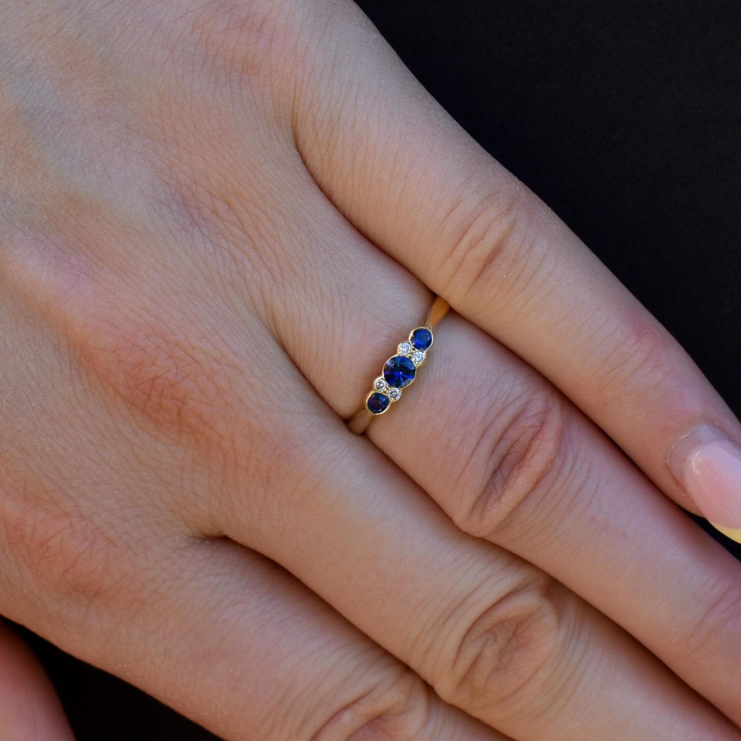Vintage Blue Sapphire and Diamond Three Stone 18ct Gold Ring
