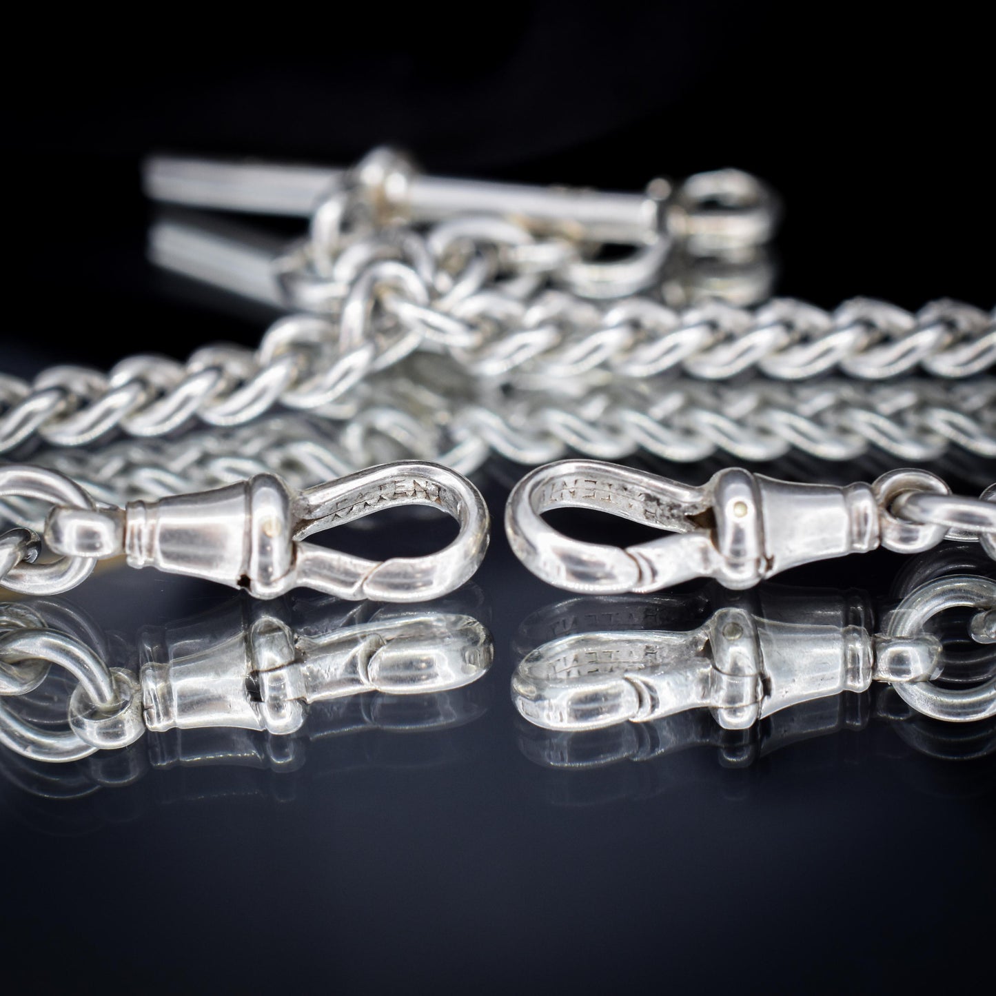 Antique '1912' Silver Curb Link Albert Watch Chain with T-Bar and Dog Clips – 14.75"