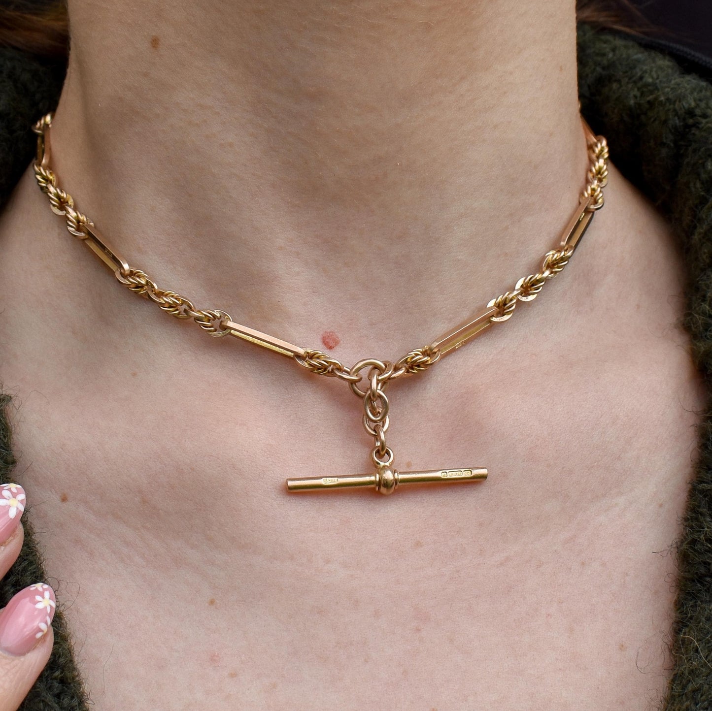 Antique '1918' 9ct Gold Trombone and Love Knot Link Albert Chain Necklace | 14.25"