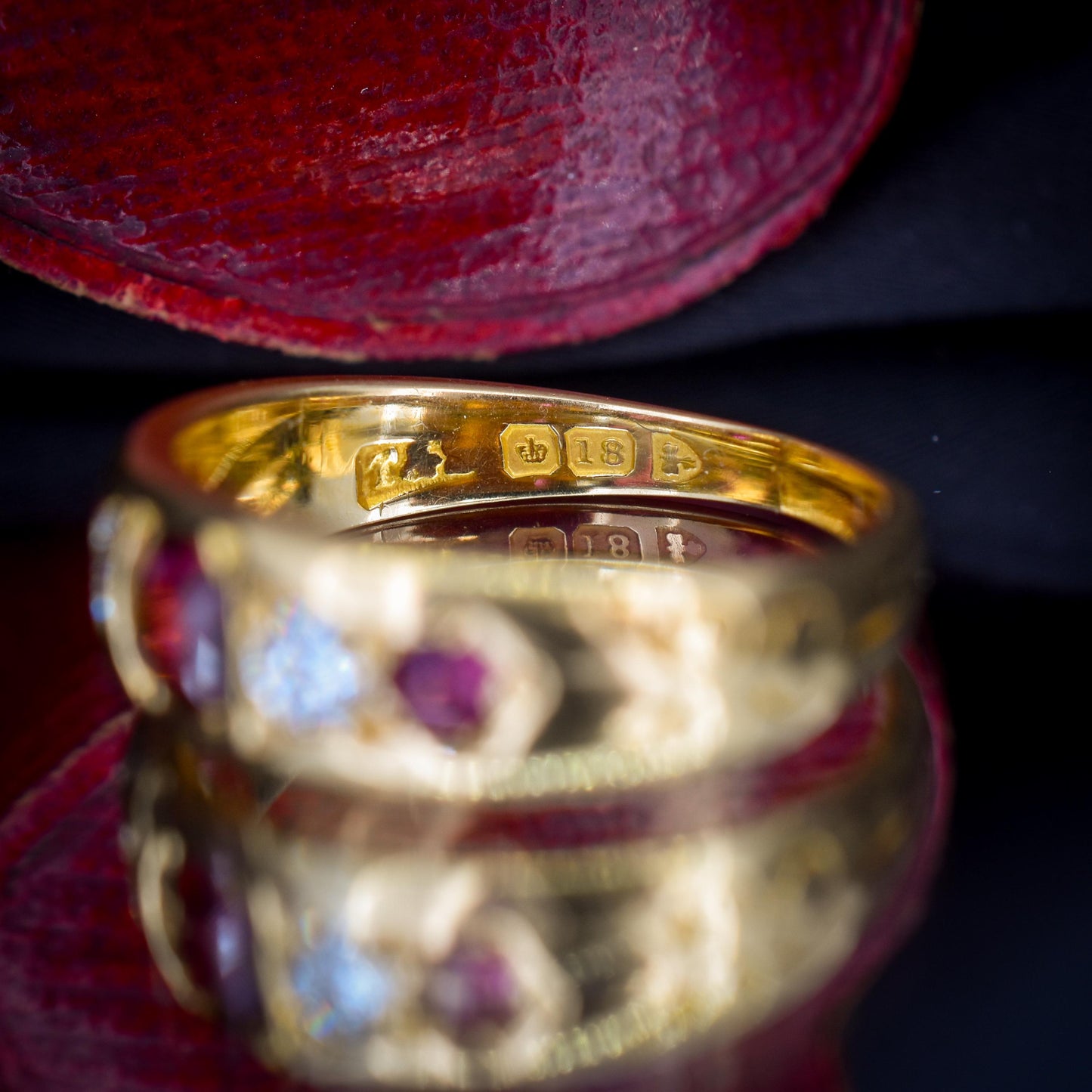 Antique Ruby Garnet and Diamond 18ct Gold Band Ring