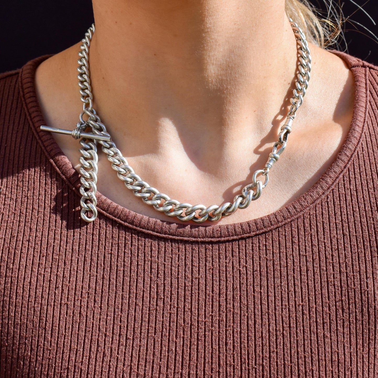 Antique 100g Sterling Silver Curb Link Albert Watch Chain Necklace | 17"