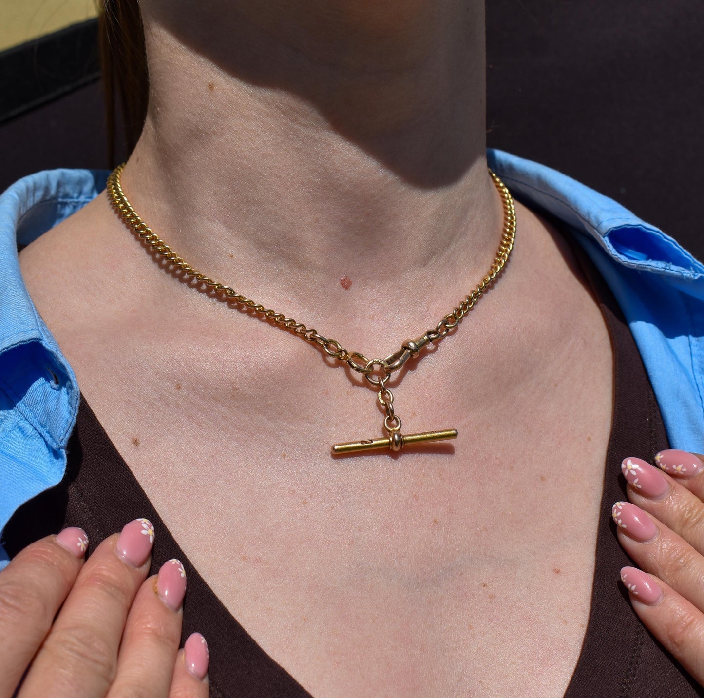 Antique 15ct Yellow Gold Bolt Ring and Dog Clip Albert Watch Chain Necklace 16"