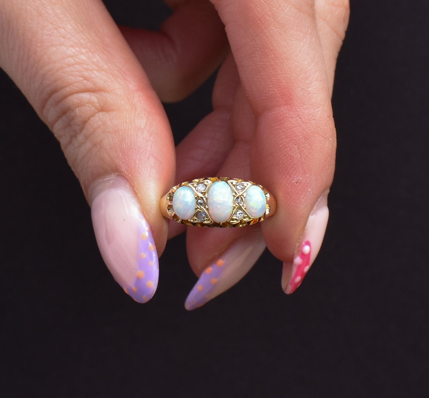 Antique Natural Opal and Diamond 18ct Yellow Gold Three Stone Ring
