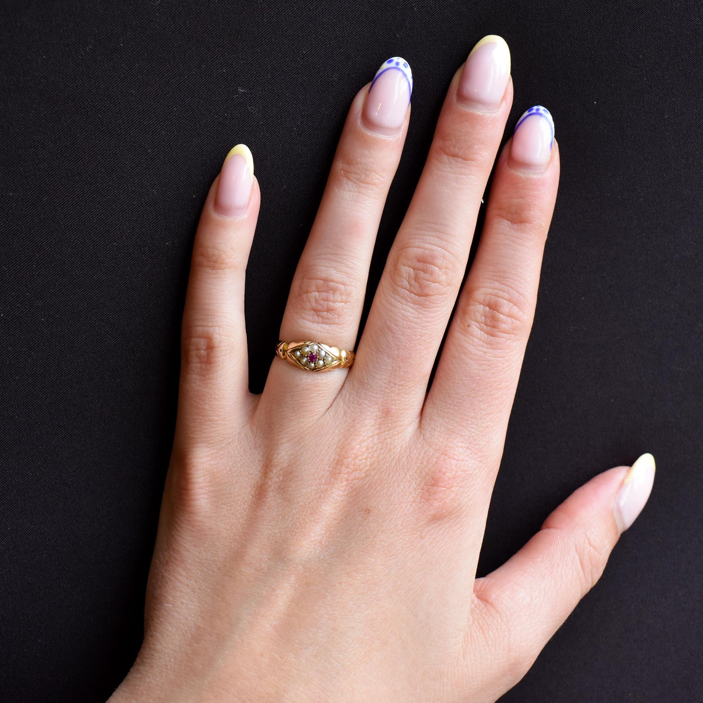 Antique Victorian Ruby and Pearl 18ct Gold Band Ring - Dated 1894