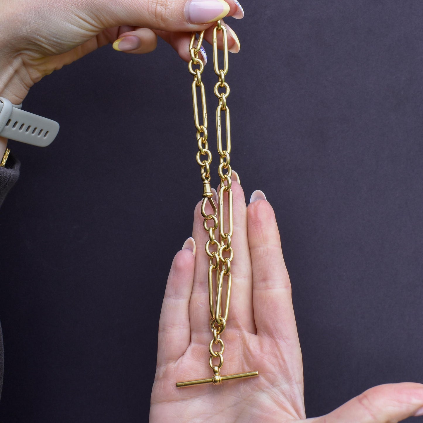 Antique '1923' 18ct Yellow Gold Trombone Watch Chain with Dog Clip and T-bar | 13.5"