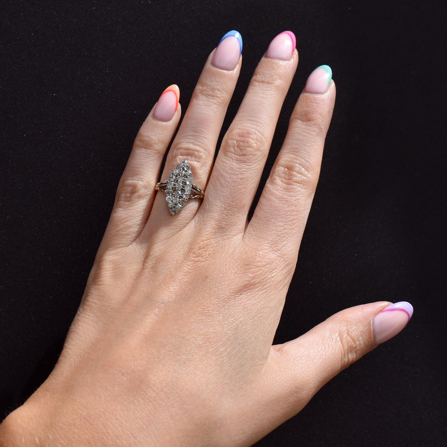 Antique Victorian Old Cut Diamond Navette 18ct Gold Ring