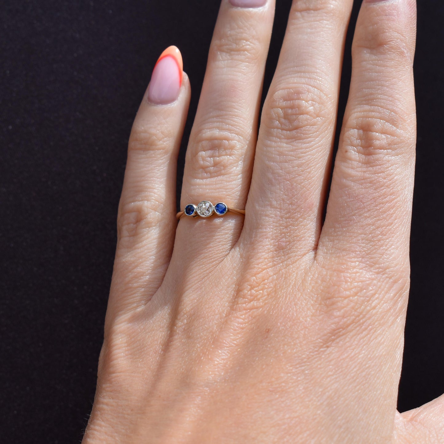 Antique Blue Sapphire and Old Cut Diamond Three-Stone Trilogy 18ct Gold Ring