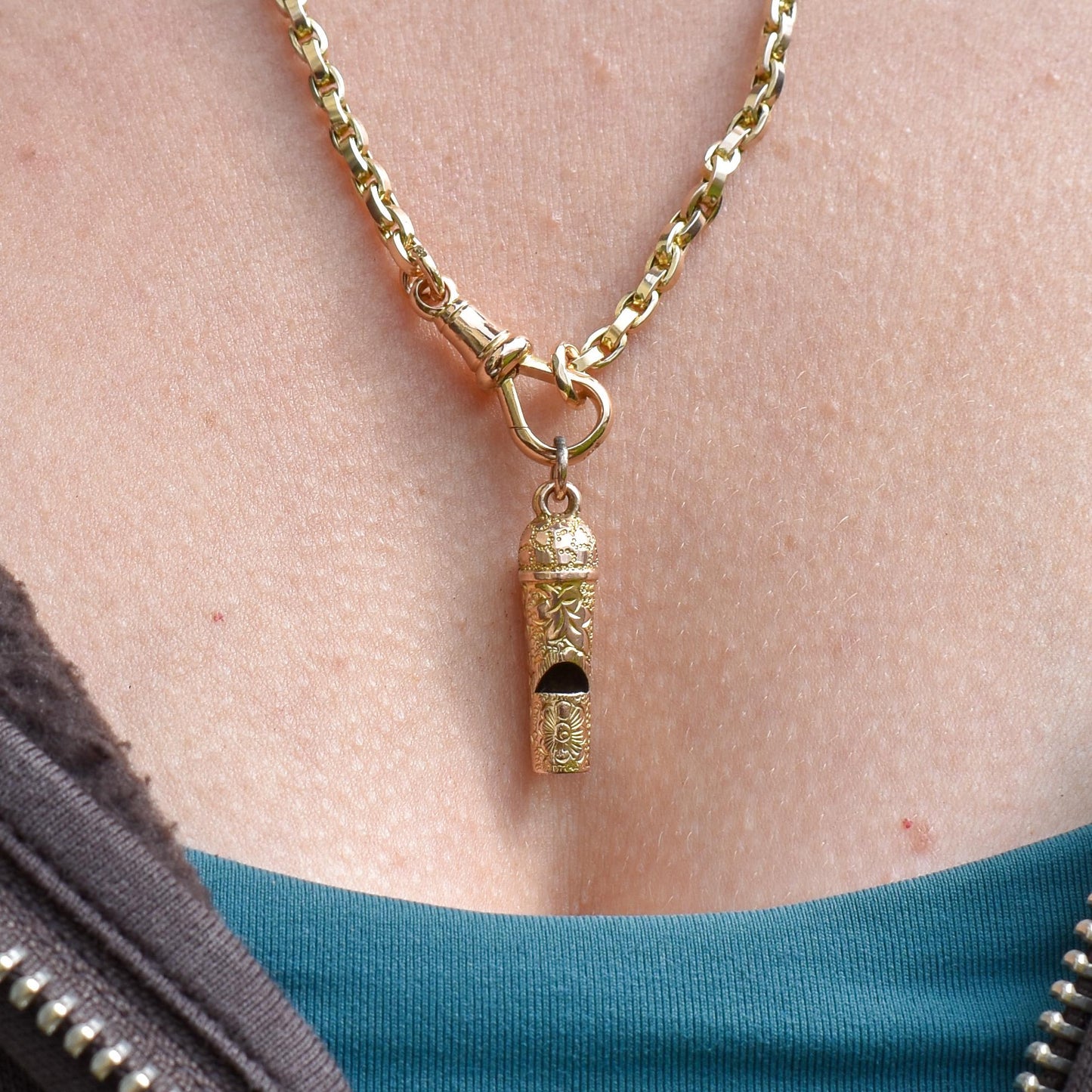 Antique Gold Ivy Engraved Whistle Charm Pendant
