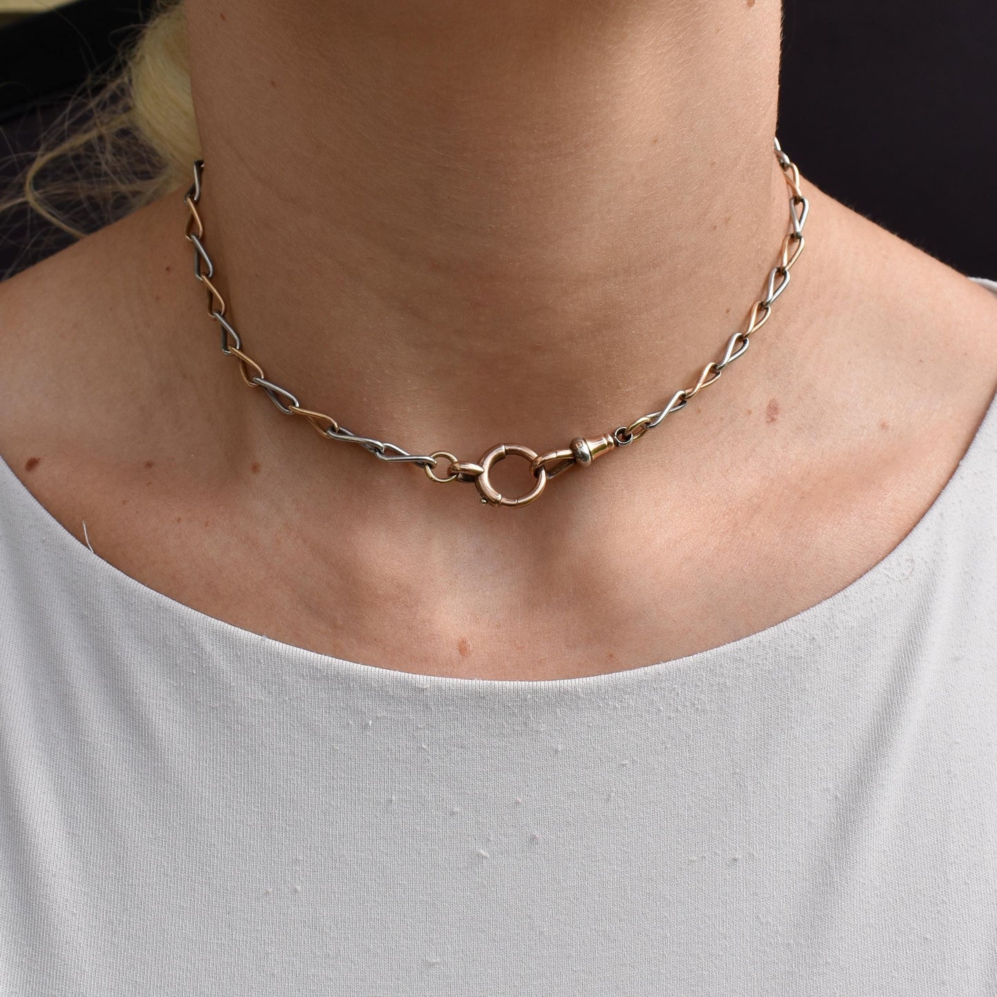 Antique 15ct Gold and Platinum Chain with Dog Clip and Bolt Ring | 13.75"