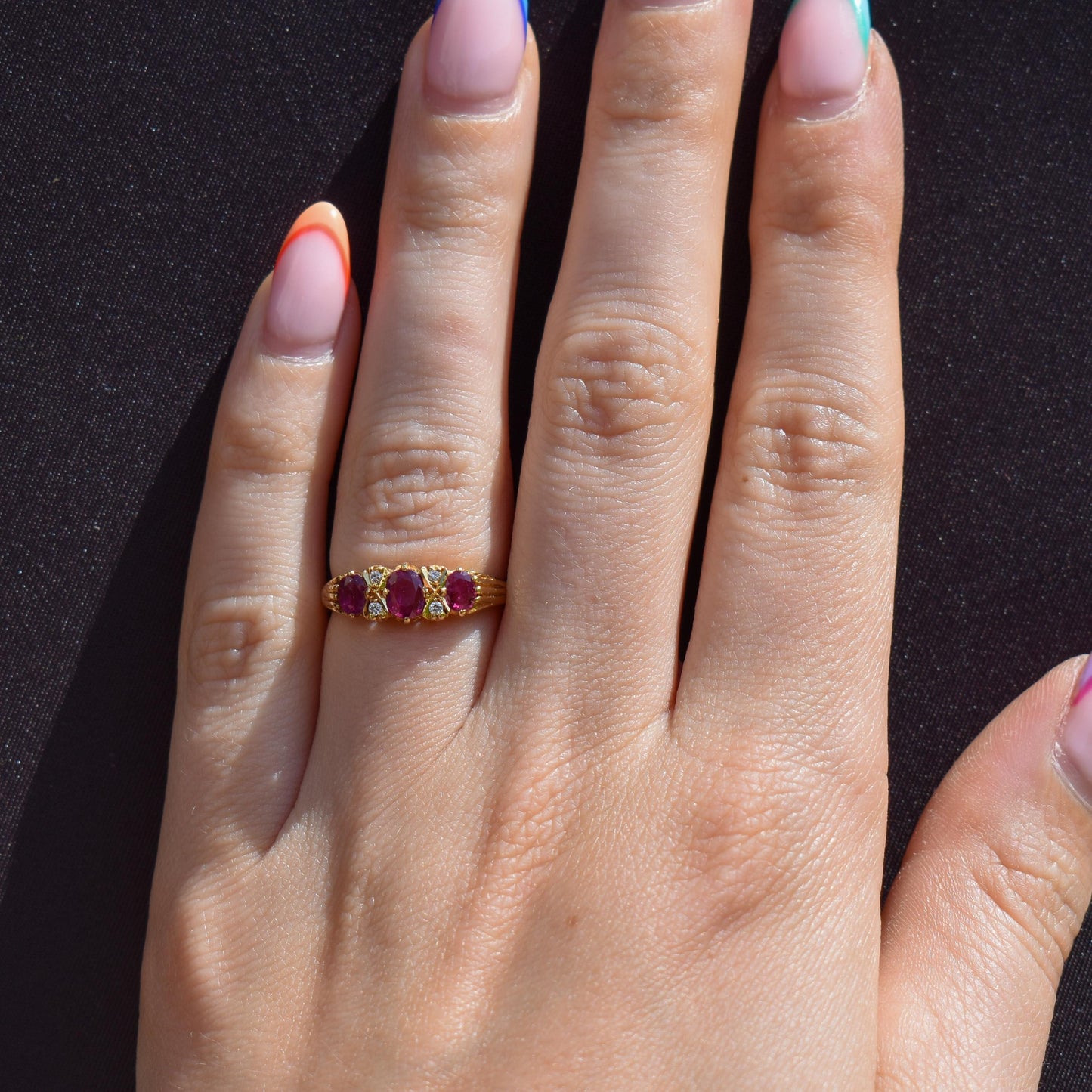 Vintage Ruby and Diamond Three-Stone 18ct Yellow Gold Scroll Ring