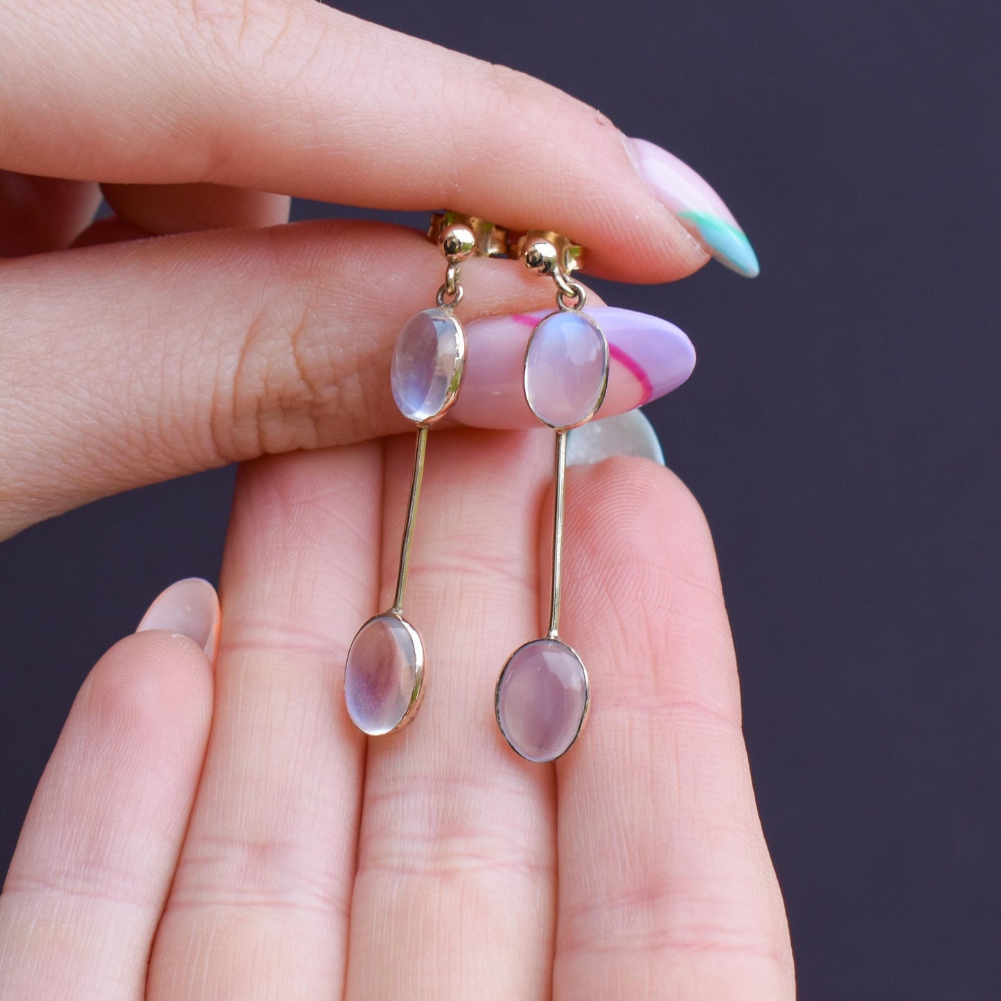 Antique Moonstone 9ct Gold Bezel Drop Dangle Earrings