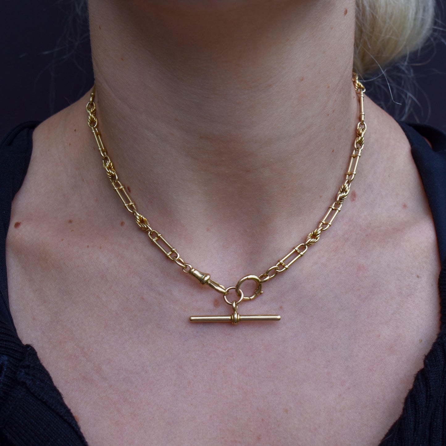 Antique Chester '1919' 18ct Yellow Gold Trombone and Love Knot Chain Necklace | 15"