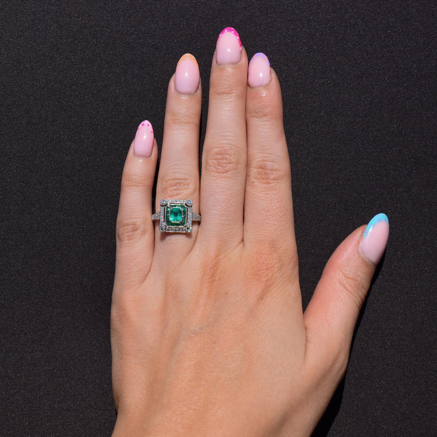 Art Deco Style Natural Emerald and Diamond Platinum Cocktail Ring