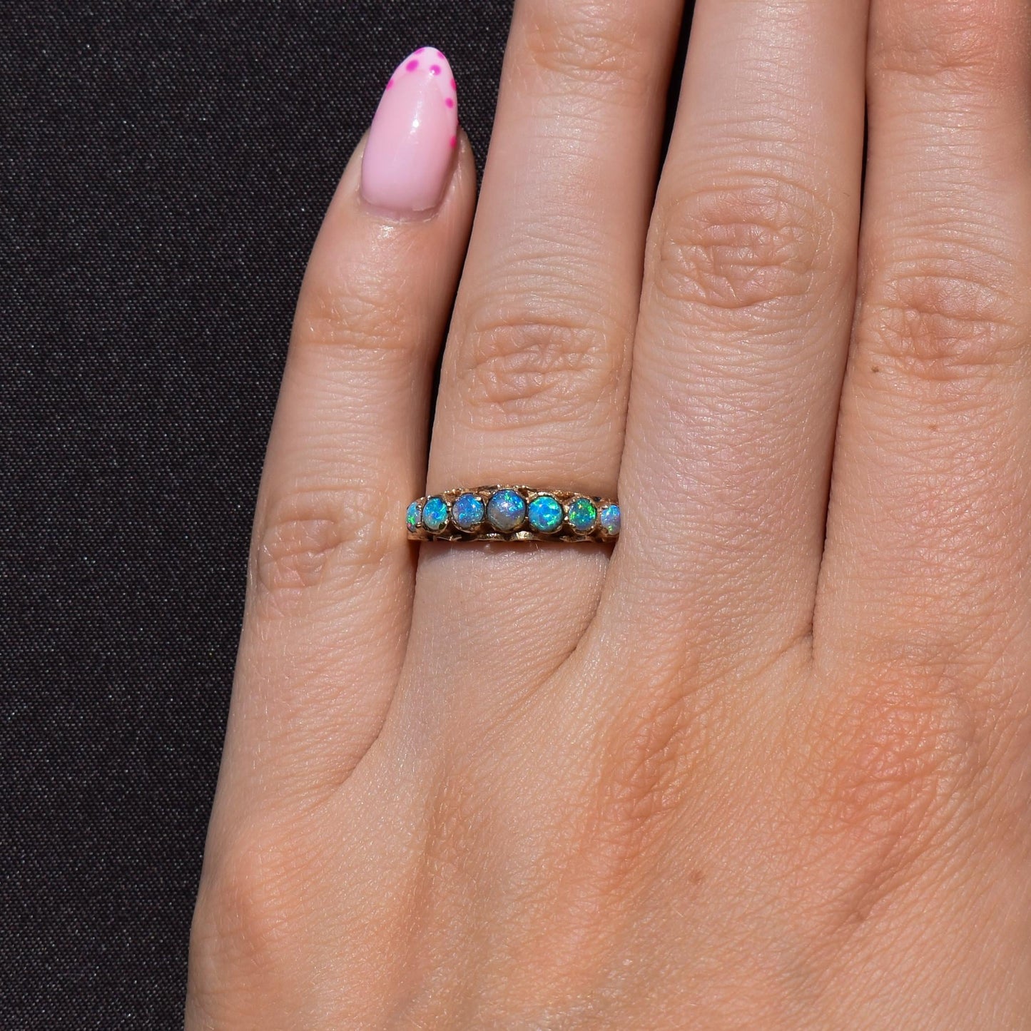 Vintage Opal Seven Stone 9ct Gold Band Ring | Dated 1979