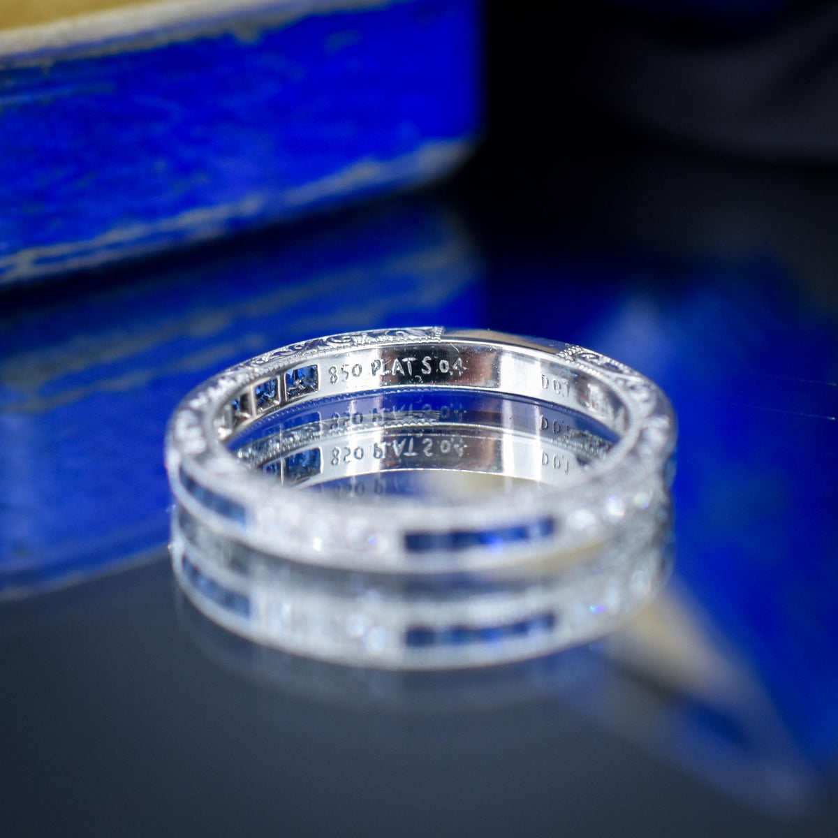 Art Deco Style Diamond and Blue Sapphire Platinum Eternity Wedding Band Ring