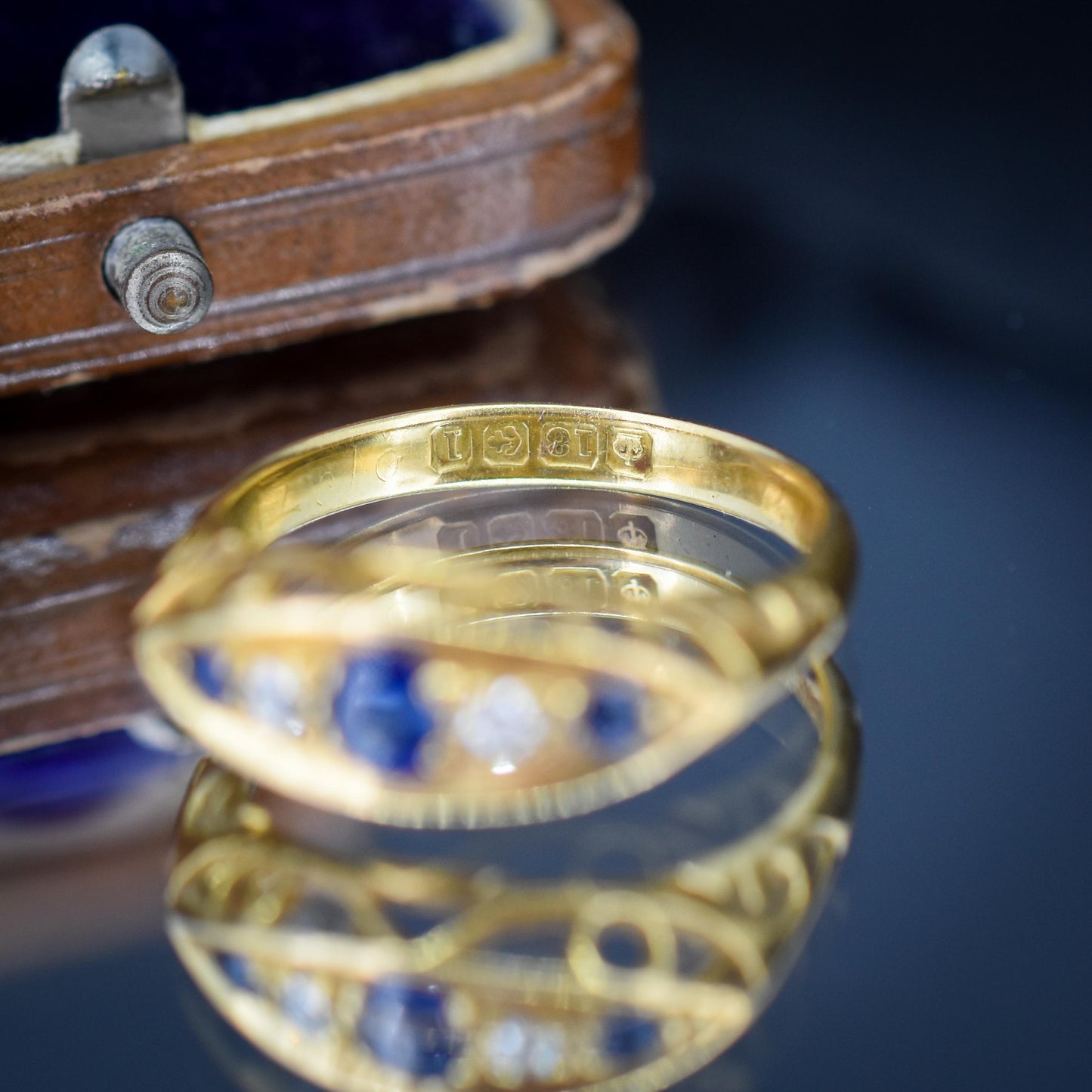 Antique Sapphire and Diamond 18ct Yellow Gold Boat Ring | Birmingham 1910