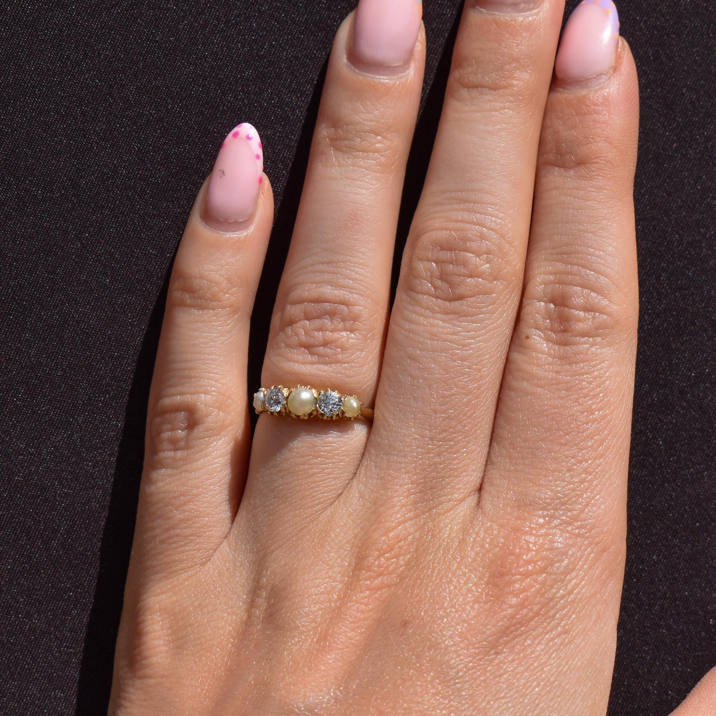 Antique Victorian Pearl and Old Cut Diamond Five Stone 18ct Yellow Gold Ring Band
