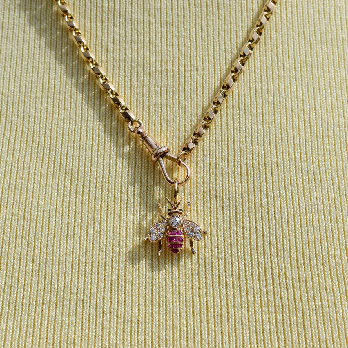 French Cut Ruby and Diamond 18ct Gold Insect Bee Pendant