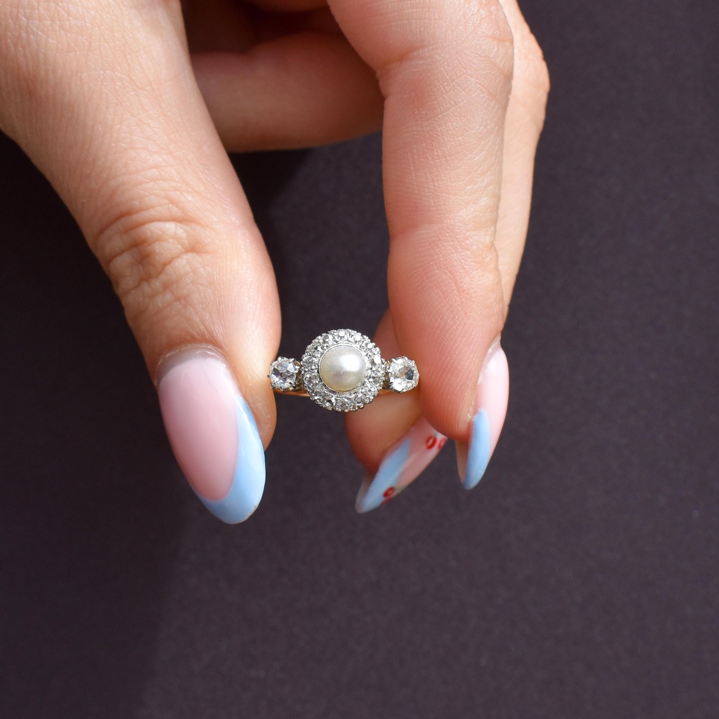 Antique Edwardian Diamond and Pearl Cluster 18ct Yellow Gold Ring