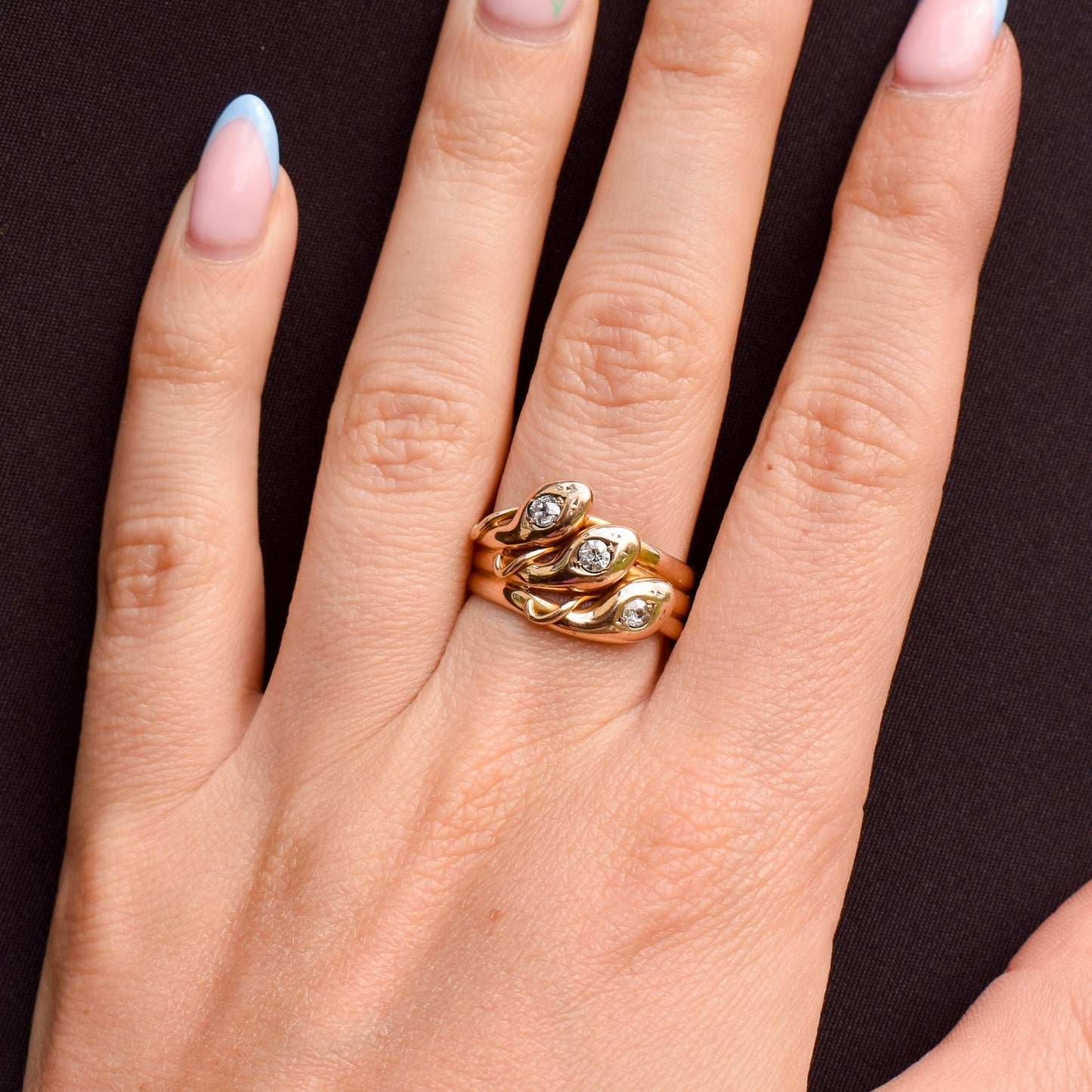 Antique Old Cut Diamond Triple Snake Serpent 9ct Gold Band Ring